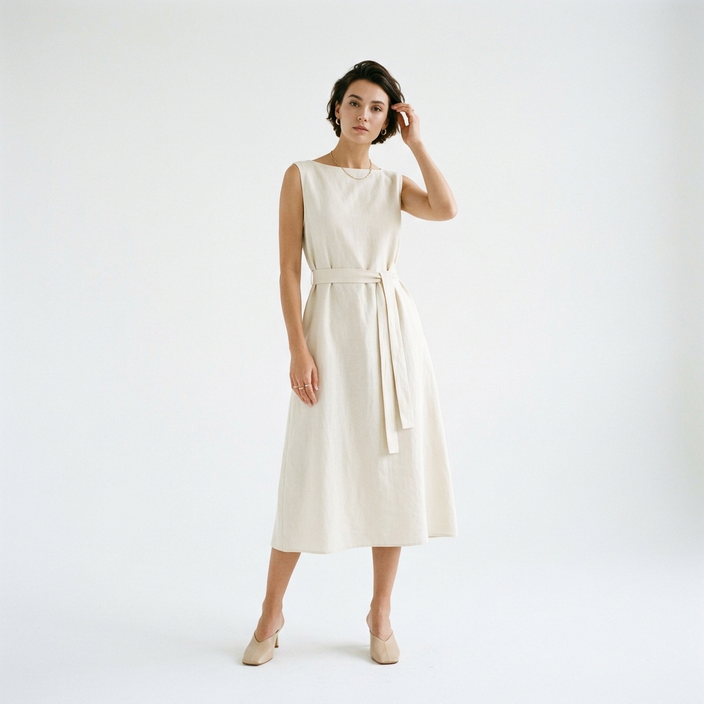 Veilux Summer Collection — Woman in elegant cream linen dress