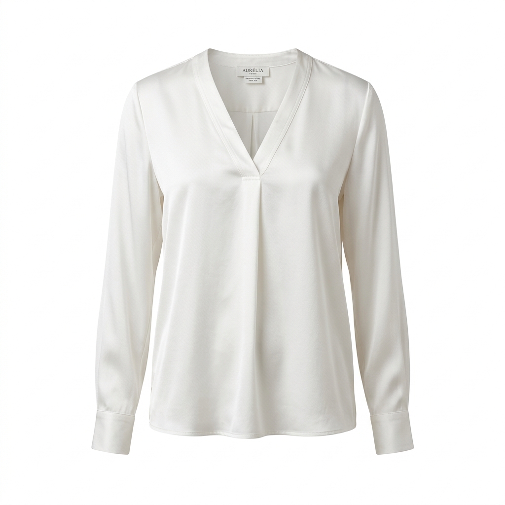 Pearl Silk Blouse — white V-neck long sleeve top