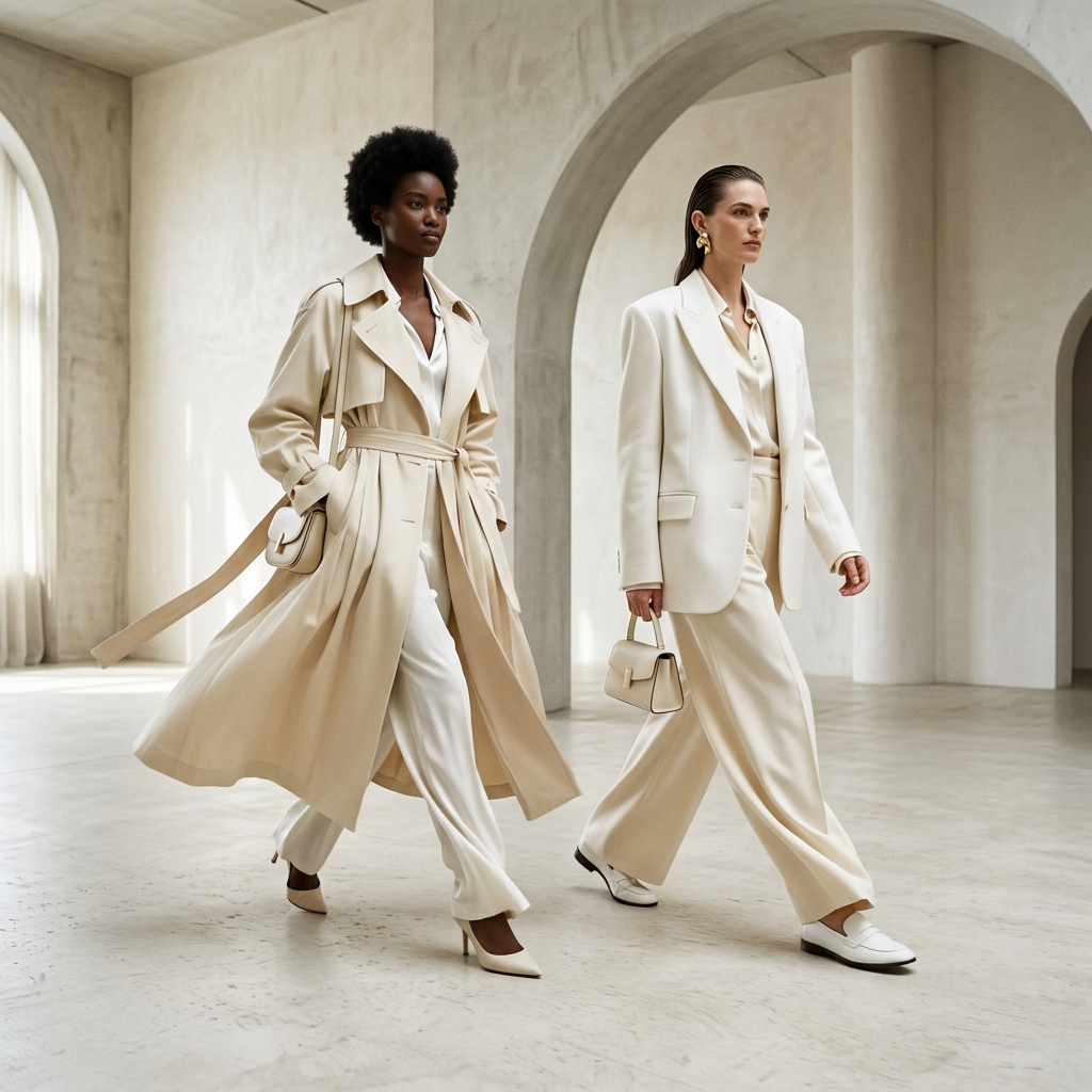 Two models walking in cream and white editorial fashion